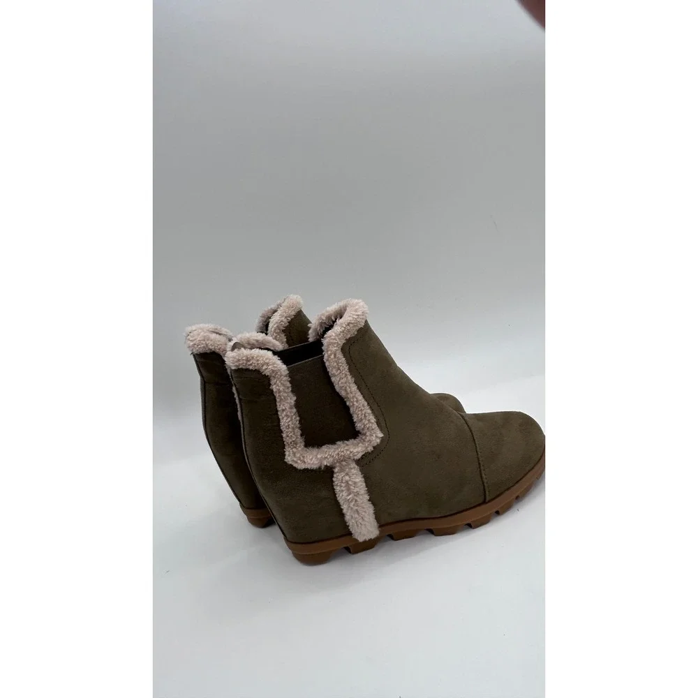 Sugar Haylei Hidden Heel Fur Trim Ankle Booties Olive Green Apres Ski Nordic